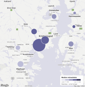 Kart over median månedsleie i Kristiansands bydeler, fra Vågsbygd til Grim