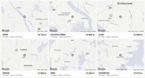 Seks kart som viser median månedsleie i Grim, Kvadraturen, Lund, Søgne, Søm og Vågsbygd